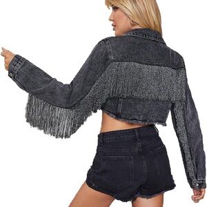 Chic Black Fringe Denim Jacket